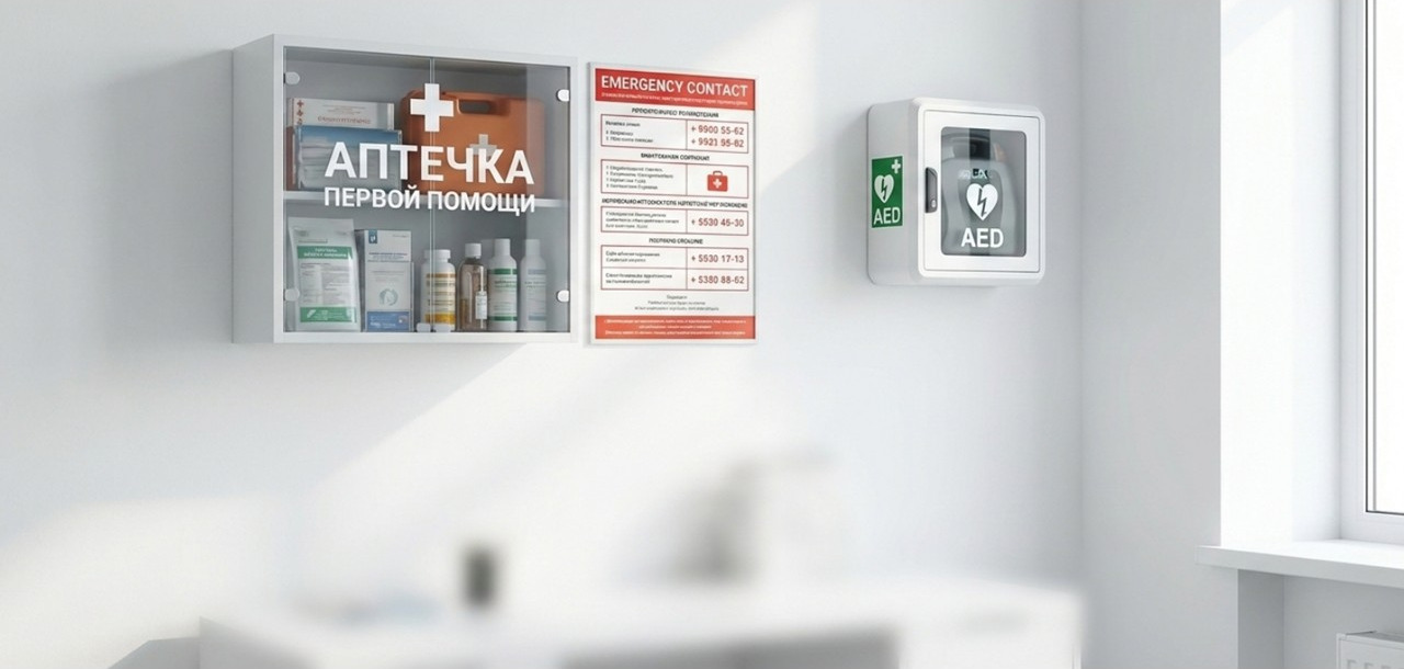 Организованный пост первой помощи на предприятии — аптечка, плакат и дефибриллятор на стене