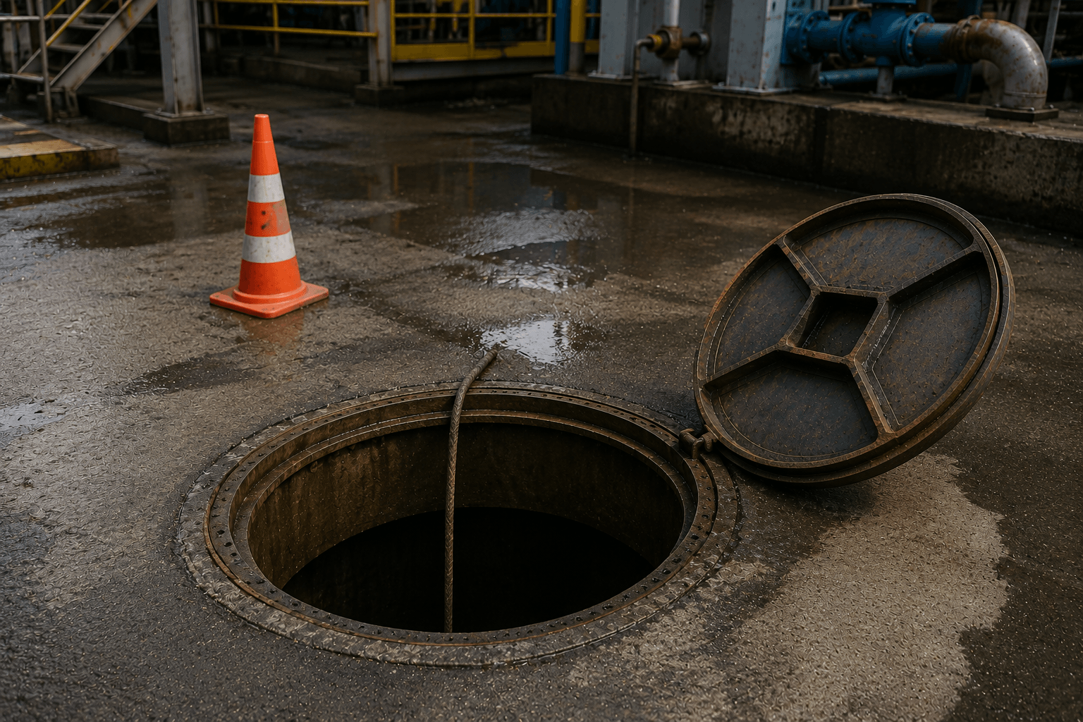 Nam betonli ochiq sanoat lyuki bilan bitta konus — ishchi yo'q, qopqog' yon tomonga otlangan