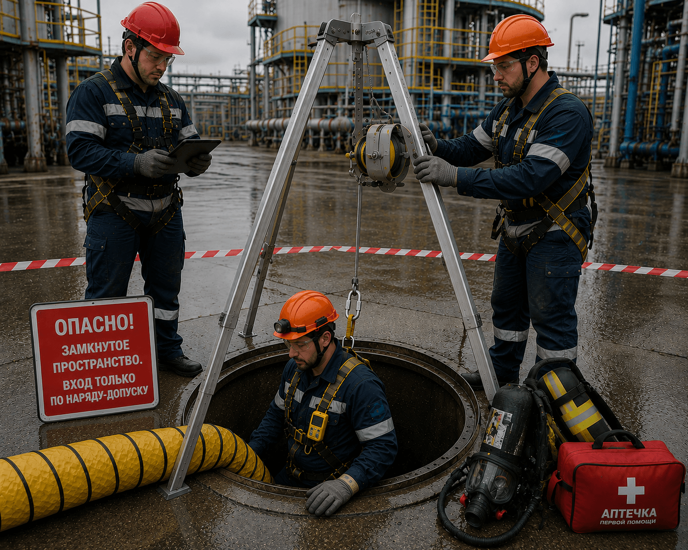 Uch ishchi lyuk yonida: biri uchburchak bilan bog'lanib gaz analizatori bilan tushayotgan, ikki kishi tashqarida kuzatayotgan, yonida tibbiy ta'minot va 'Yopiq joy. Kirish ruxsatnomaga' belgisi