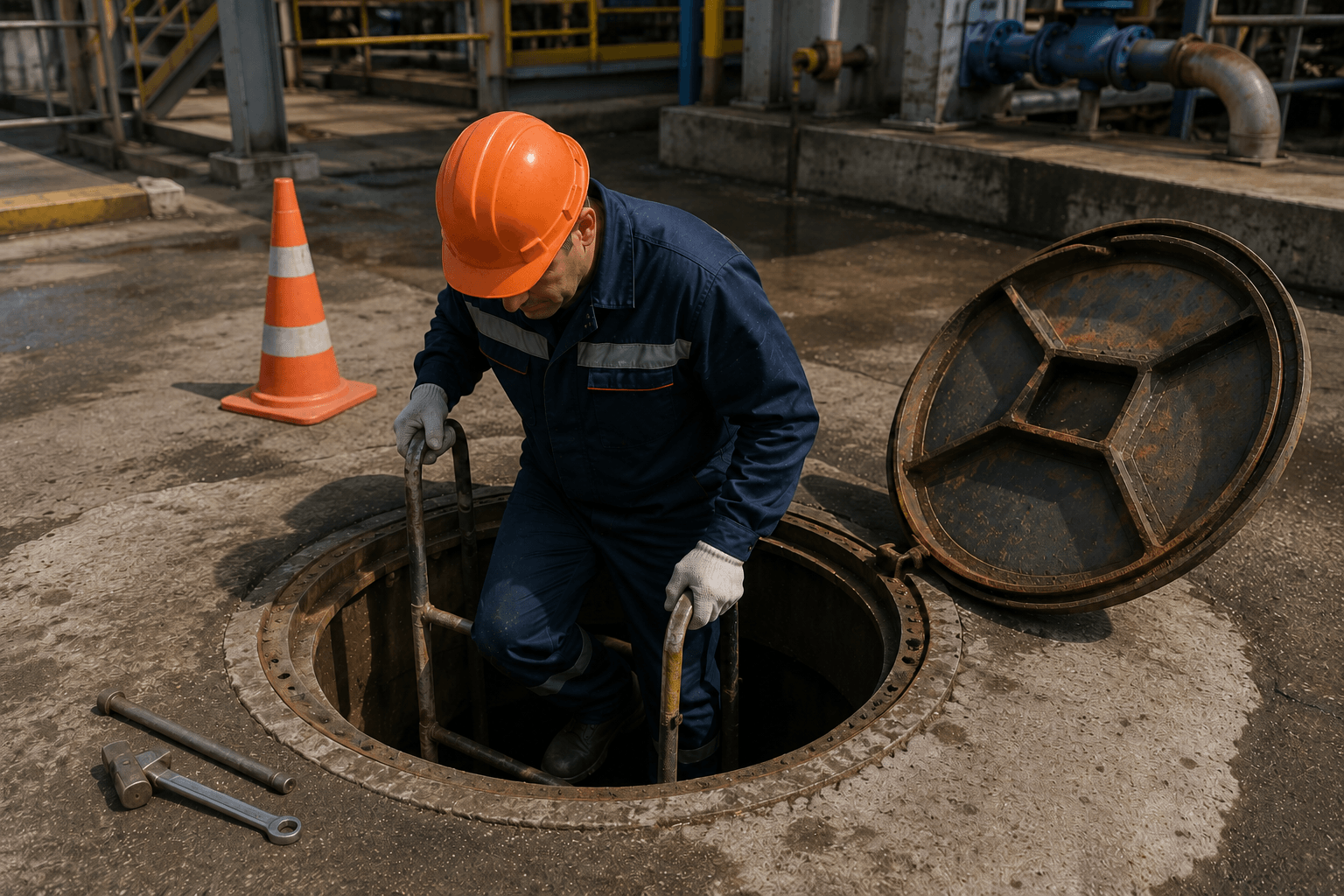 Qizil kaskali slaryar yolg'iz gaz analizatori va xavfsizlik bog'lamisizsiz ochiq lyukka tushayotgan