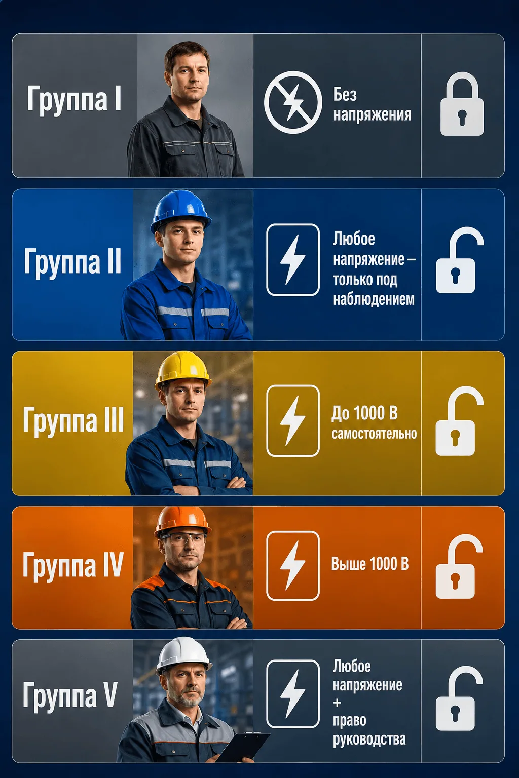Таблица групп допуска по электробезопасности I–V: иконки, уровень напряжения, права