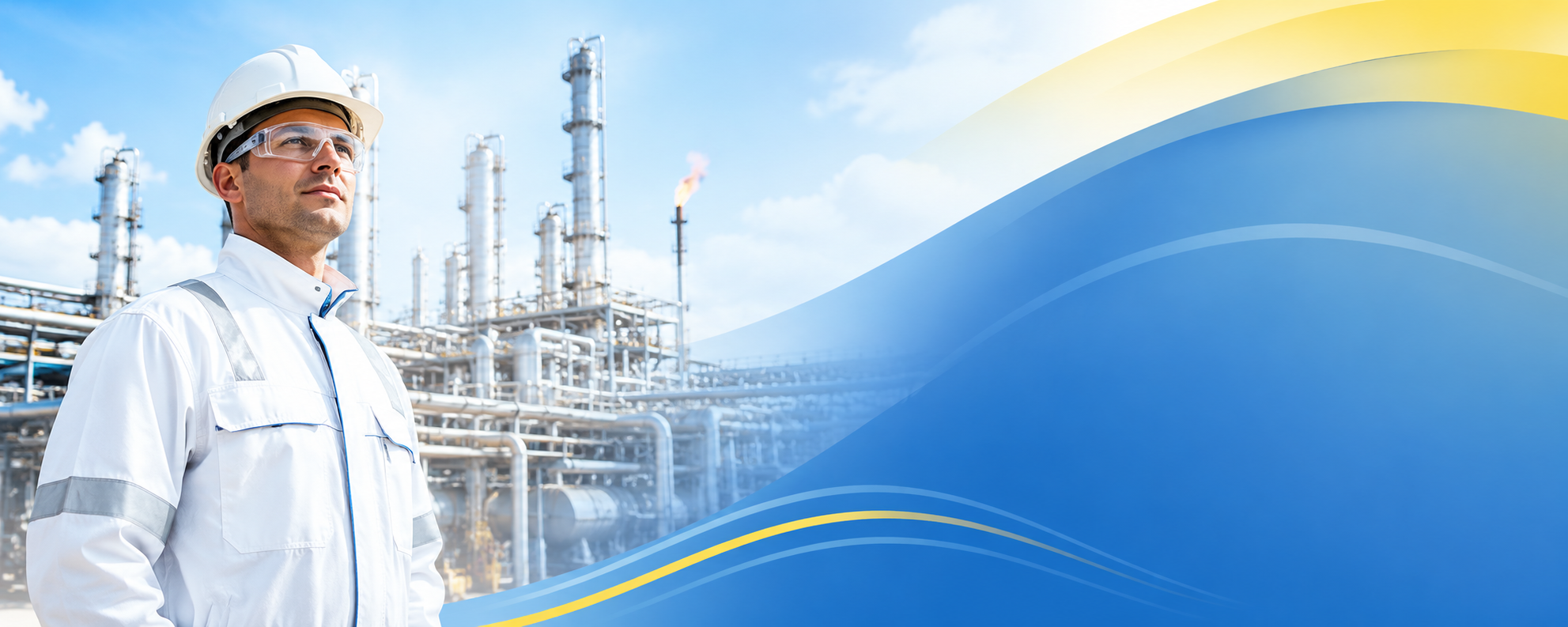 Нефтеперерабатывающая установка: трубопроводы, факел, рабочий в защитном костюме