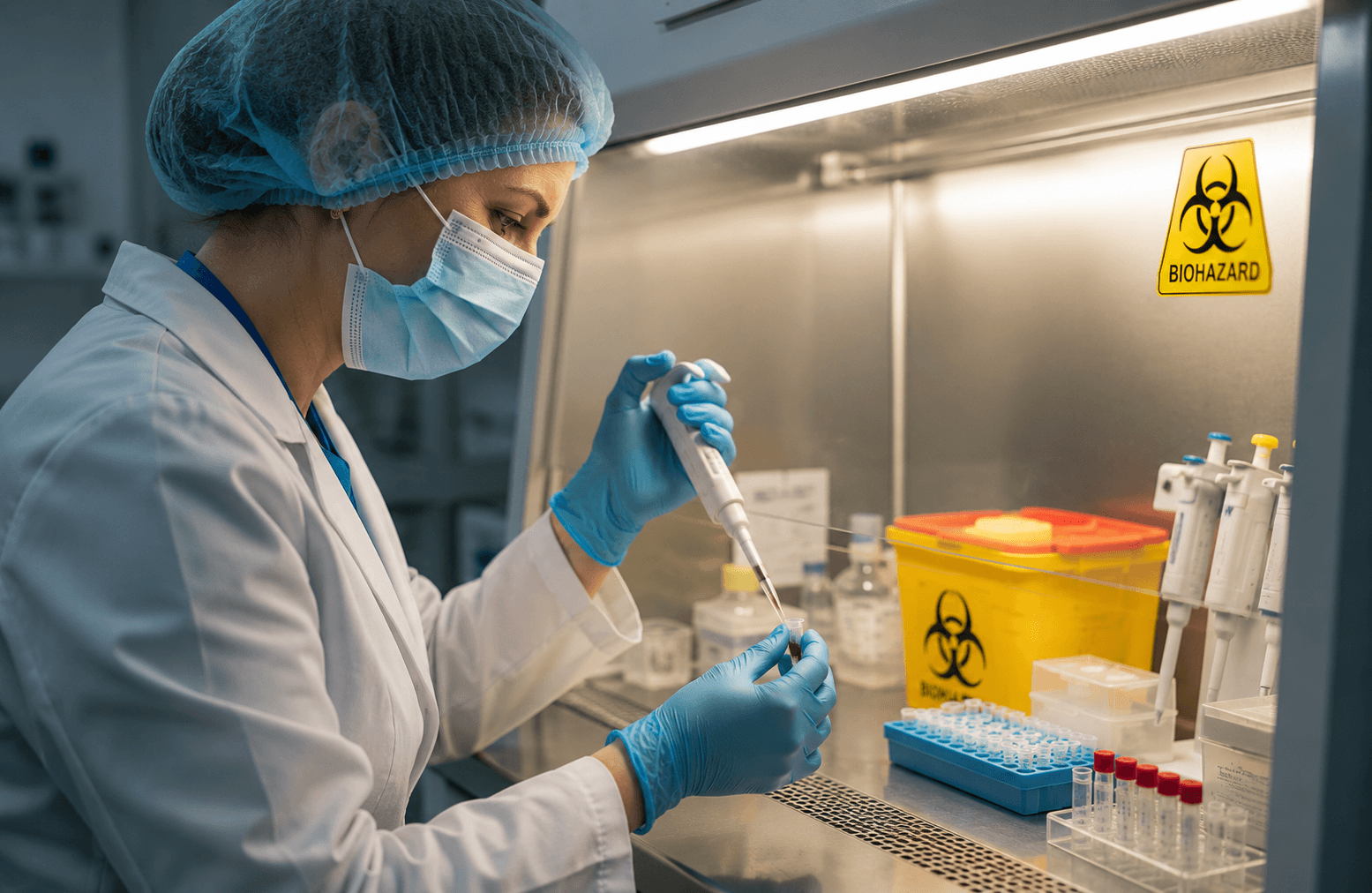 Labarant qo'lqoplarda biologik namunalarga ishlayapti