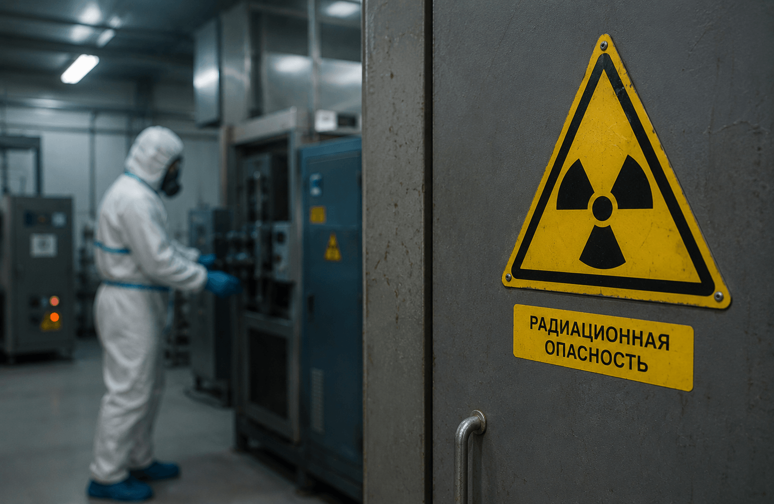 «Nurlanish xavfi» belgisi va himoya kostyumida ishchi