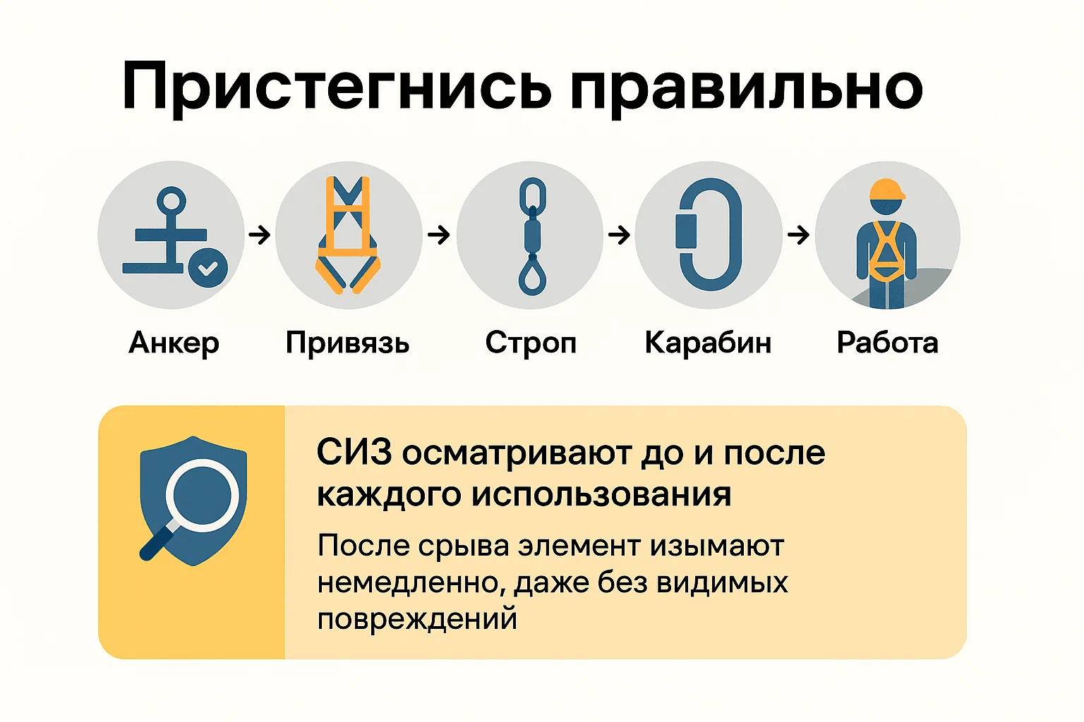 Пристегнись правильно: анкер, привязь, строп, карабин, работа — СИЗ осматривают до и после каждого использования, после срыва элемент изымают немедленно