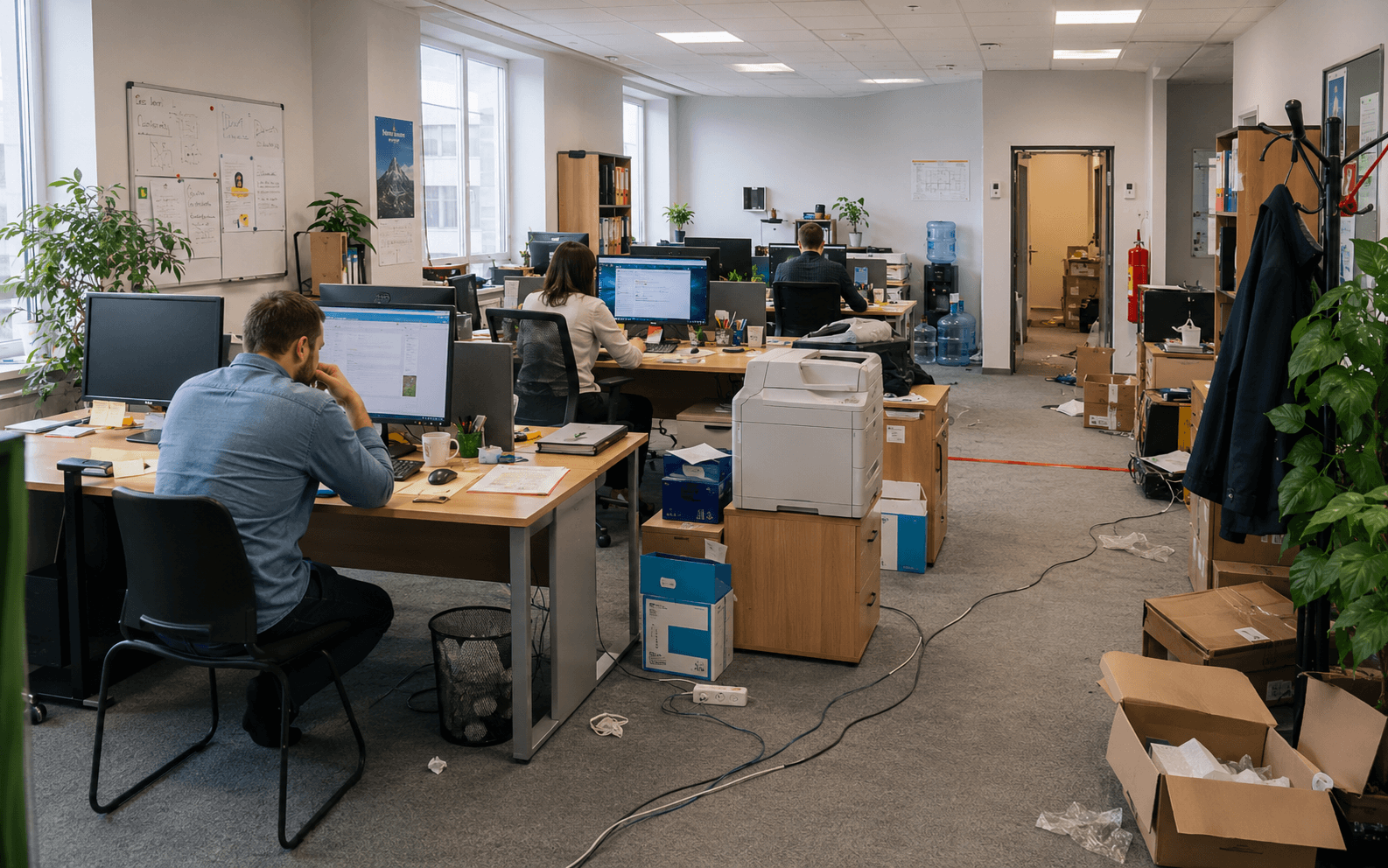 Ochiq rejalashtirilgan ofis: uchta xodimi monitorlar oldida, printer qutilar bilan, qizil koʻprik polida, yoʻl toʻsilgan qutilar, oʻngda oʻchirgich
