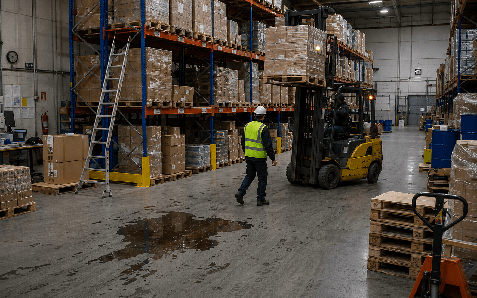 Ombor: palletalar bilan stelajlar, ishchi yalang‘o‘ kiyimda yuk mashinasi bilan uchrashmoqda, polda suv, bog‘lanmagan zinapoya