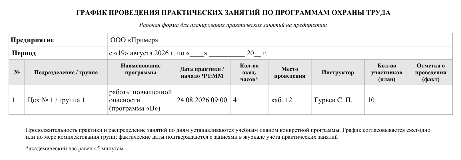 Образец документа: График проведения практических занятий