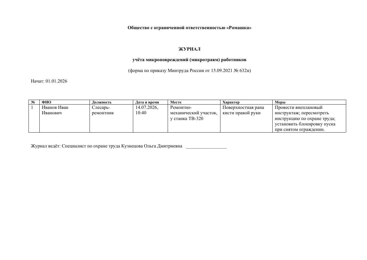 Образец документа: Журнал учёта микротравм