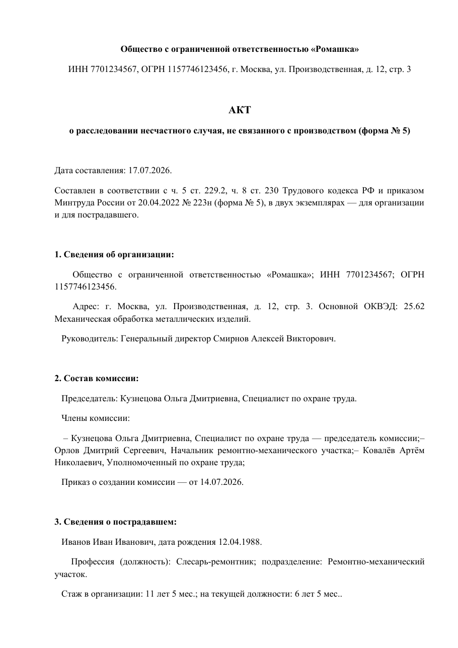 Образец документа: Акт по форме № 5