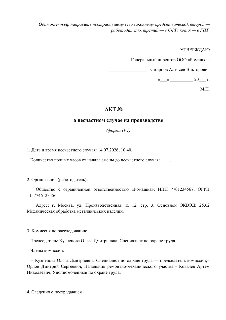 Образец документа: Акт по форме Н-1