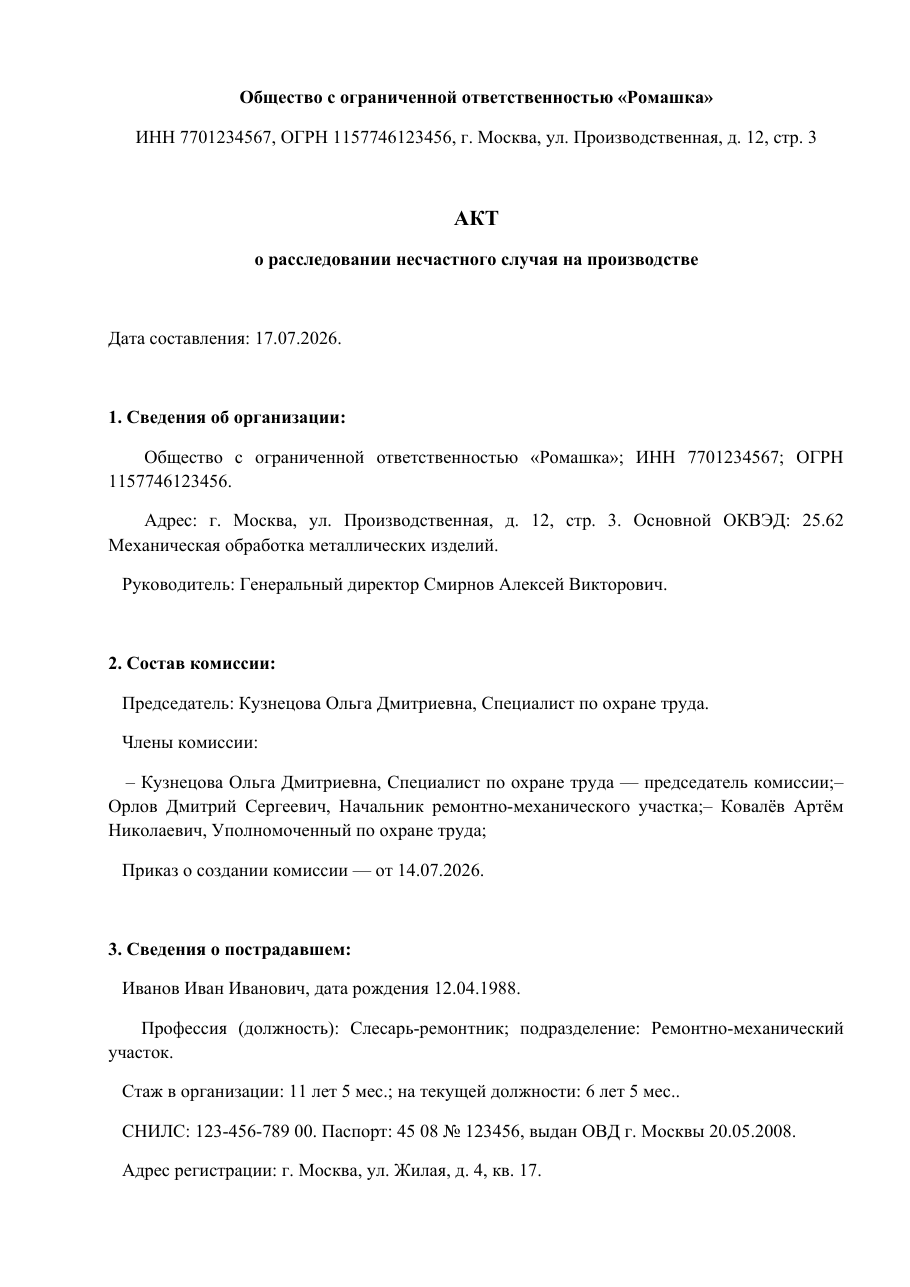 Образец документа: Акт о расследовании