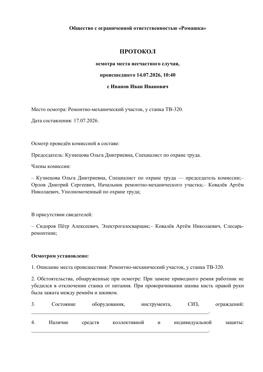 Образец документа: Протокол осмотра места
