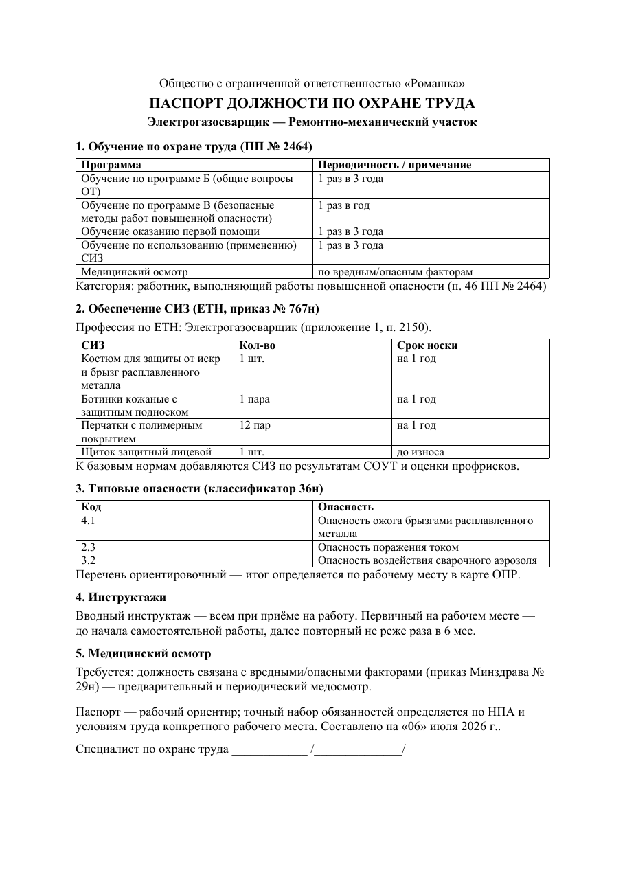Образец документа: Паспорт должности по охране труда