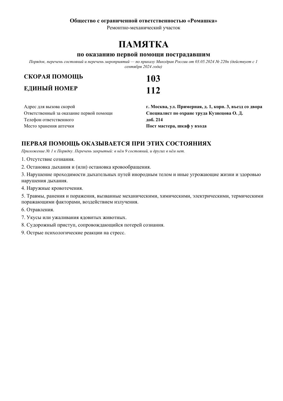 Образец документа: Памятка по оказанию первой помощи (220н)
