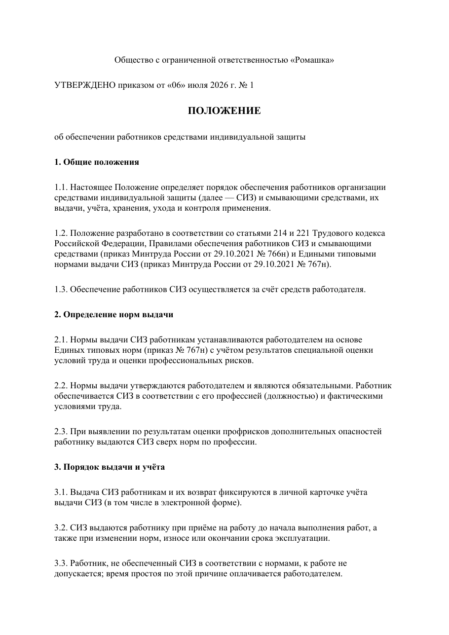 Образец документа: Положение об обеспечении СИЗ