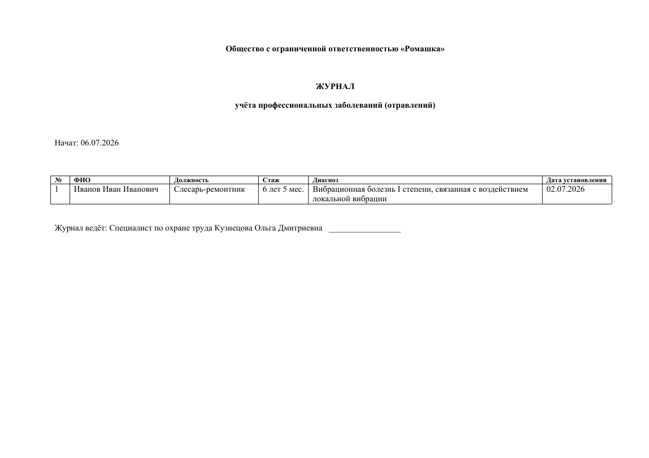 Образец документа: Журнал учёта профессиональных заболеваний