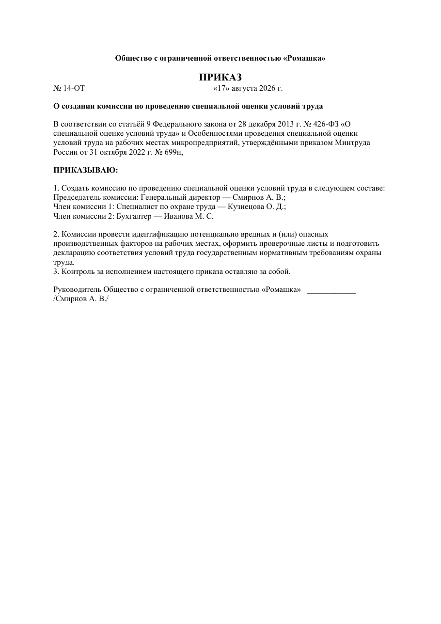 Образец документа: Приказ о создании комиссии по СОУТ