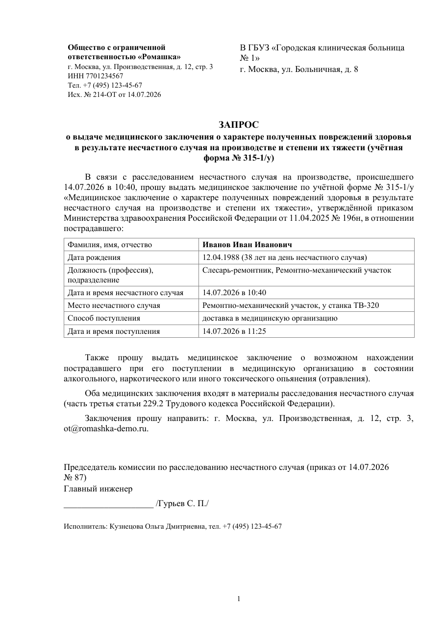 Образец документа: Запрос о выдаче заключения № 315-1/у