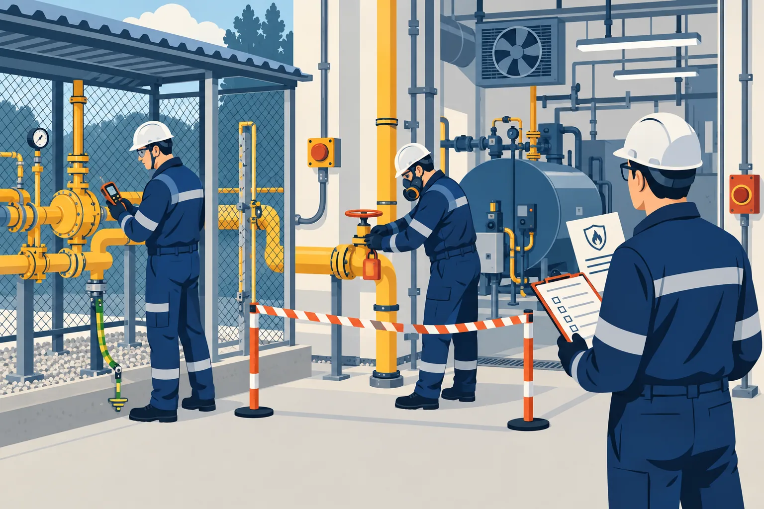 Специалисты безопасно обслуживают газовое оборудование с газоанализом, вентиляцией и ограждением